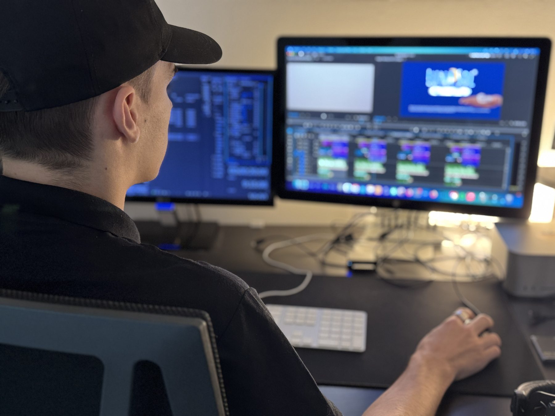 Cutter von imagefilme.com am Doppelmonitor Schnittplatz im Postproduktionsstudio, auf der Timeline der LunaSol Werbespot mit Abbinder im Vorschaufenster
